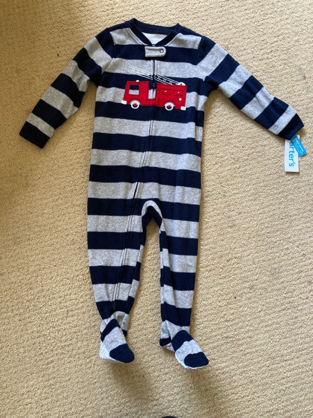 Carter's Navy & Gray Striped Footed One-Piece with Red Fire Truck